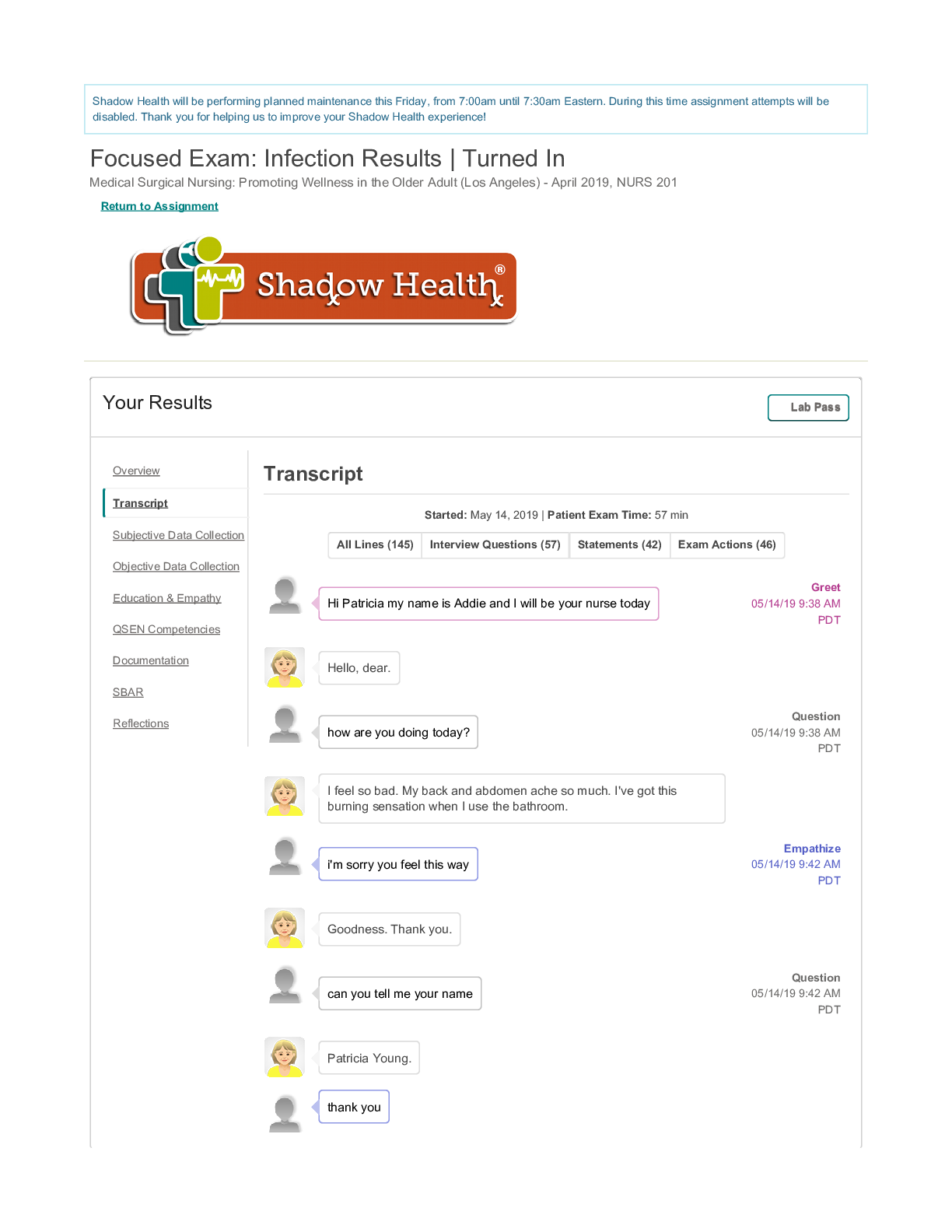 Preview of Patricia Young Gerontology Infection Shadow Health Focused Exam- Transcript